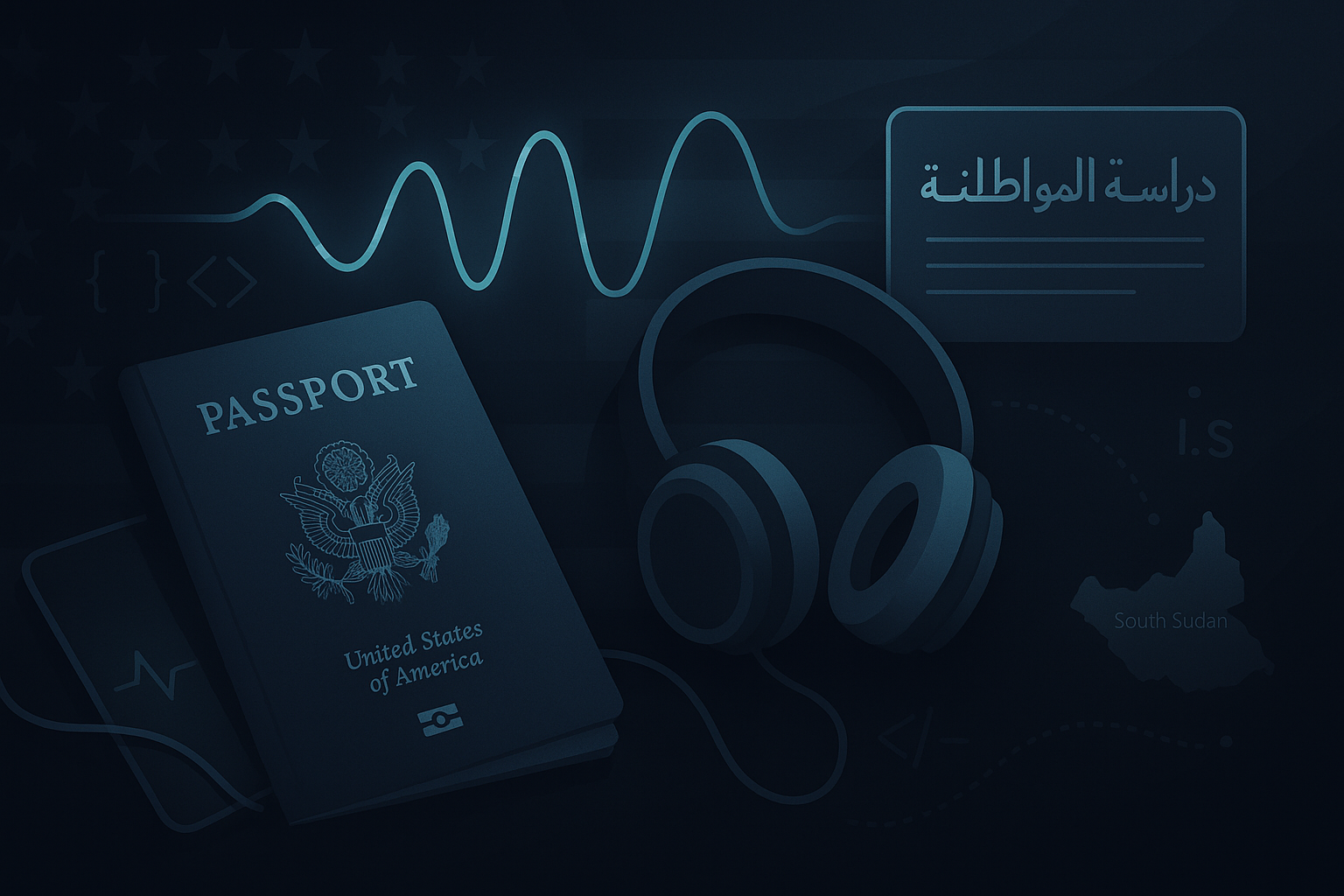 Headphones, U.S. passport, audio waveform, and Arabic text—symbolizing an audio-first USCIS study app and an immigration journey.